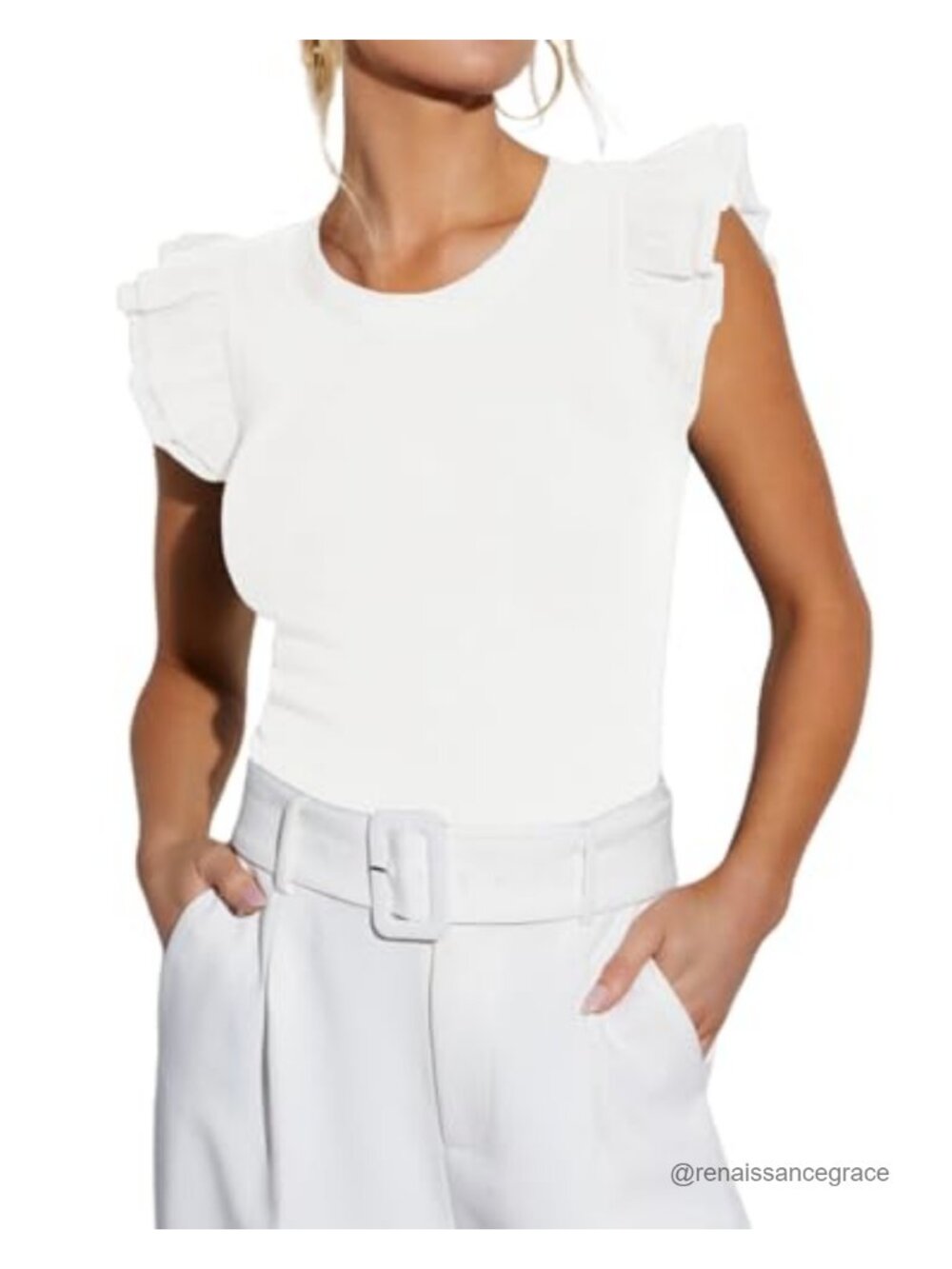 Womens Ribbed Knit Sleeveless Ruffle Tank Top Fitted Crew Neck Summer Blouse